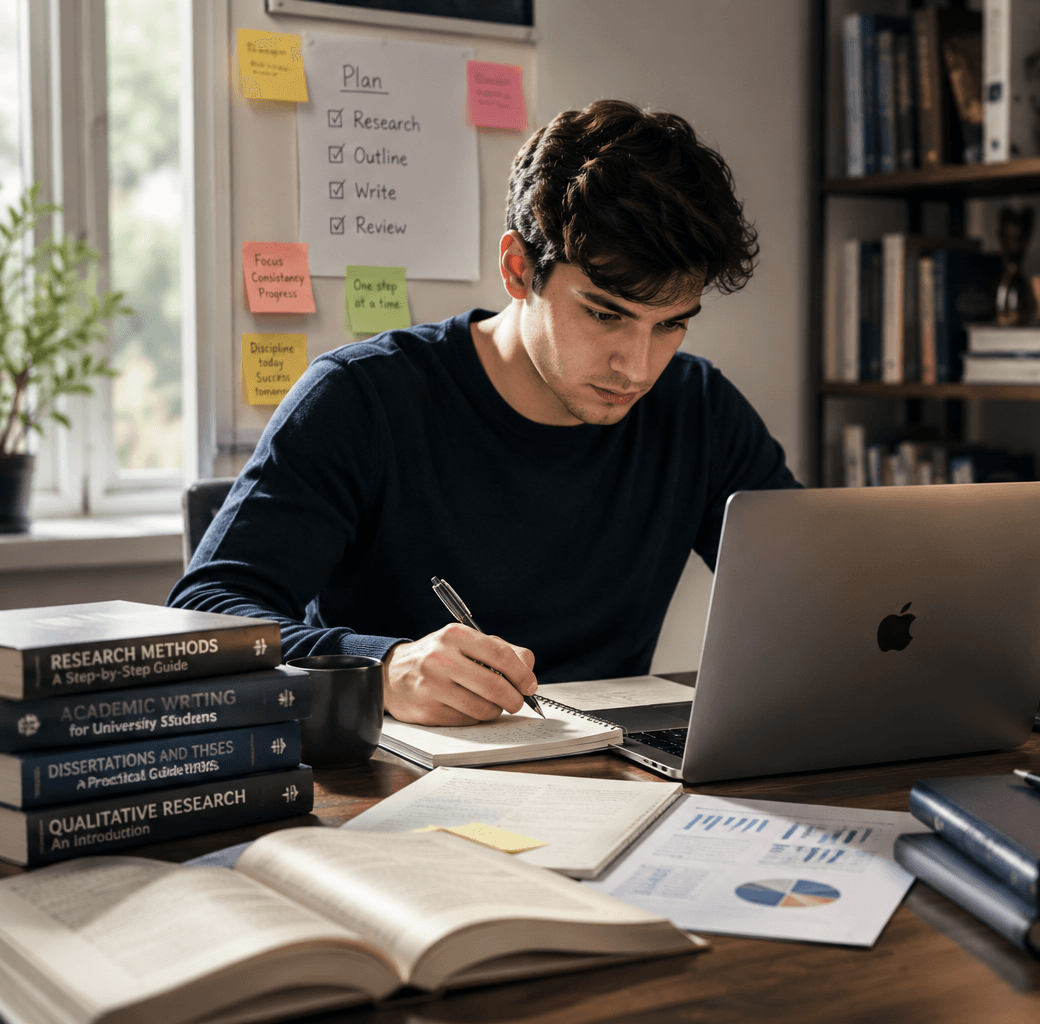 University student working on academic research
